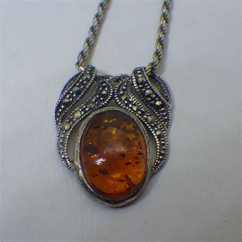 Amber Gemstone Pendant Sterling Marcasite Necklace Vintage Etsy