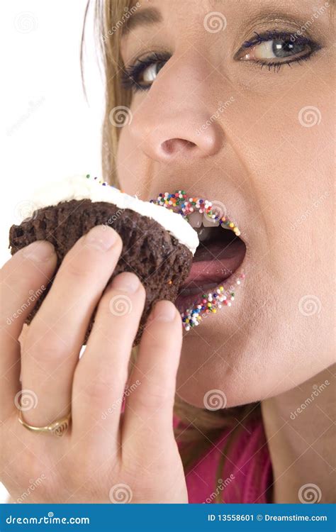 Woman Eating A Cupcake Stock Image Image Of White Cake