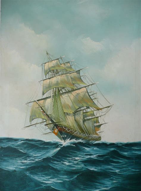 Oil On Canvas Clipper Ship On The Sea Signed For Sale On