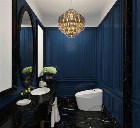 Premium Photo Blue Modern Classic Design Of Powder Room With Chandelier