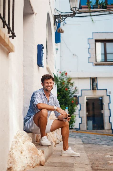 Cheerful Man Sitting On Porch Stock Photo Image Of Chill Entrance