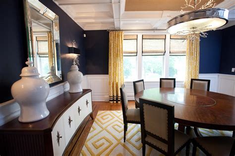 Navy Blue Dining Room With Midcentury Buffet And Yellow