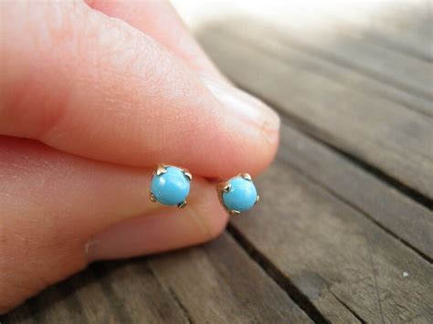 14k Gold Studs Tiny 3mm Turquoise Stud Earrings Turq Uoise Etsy