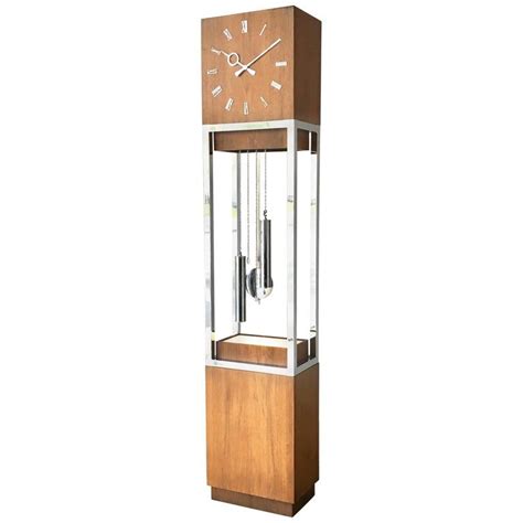 Mid Century Modern Wooden Cased Grandfather Clock 1980s Grandfather