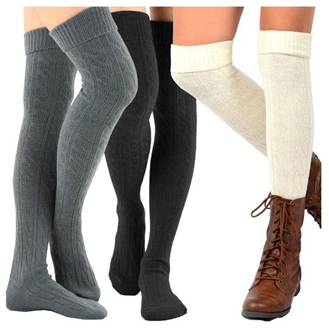 Teehee Womens Fashion Over The Knee High Socks 3 Pair Combo Cable