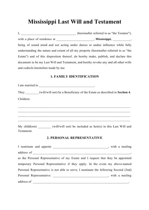 It gives an outline of what should be done when someone does. Mississippi Last Will and Testament Download Printable PDF | Templateroller