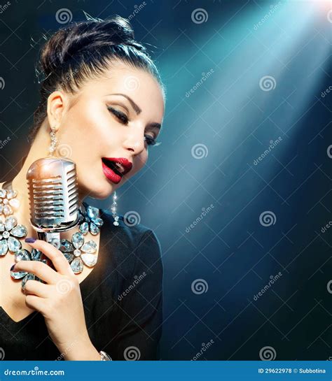 Woman With Retro Microphone Stock Photo Image Of Makeup Restaurant