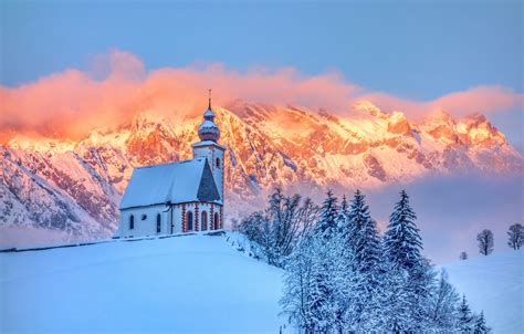 Wallpaper Winter Forest Snow Mountains Hill Church Chapel Images