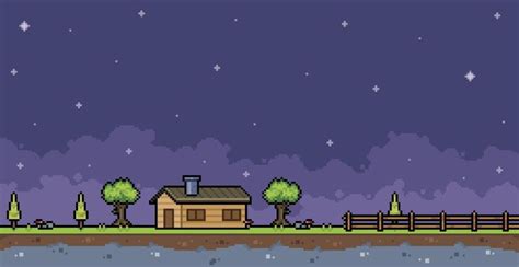 A Pixel Art House By The Water At Night With Stars And Clouds In The Sky