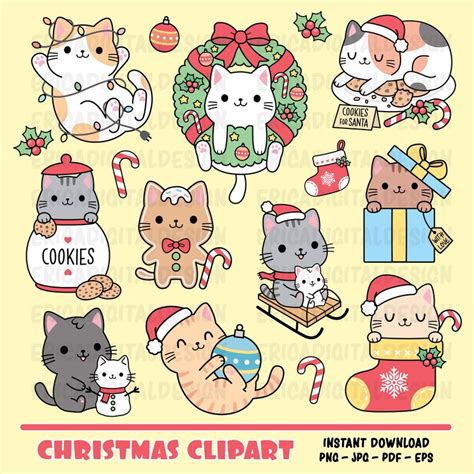 Christmas Kawaii Clipart Set Cute Cat Digital Clip Art Funny Etsy