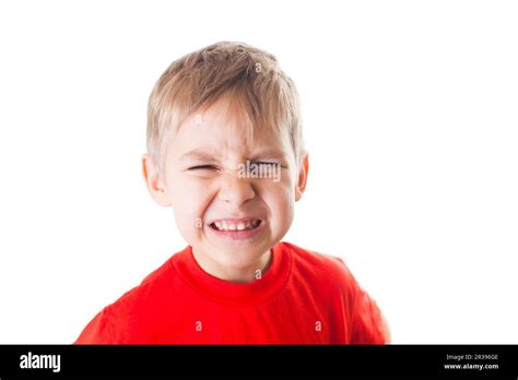 Little Boy In Red T Shirt Feeling Attitude Reaction Stock Photo Alamy