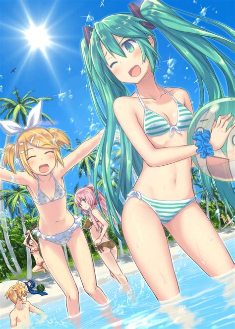 Vocaloid Rin Kagamine Len Kagamine Luka Megurine Hatsune Miku And Meiko Sakine At The Beach