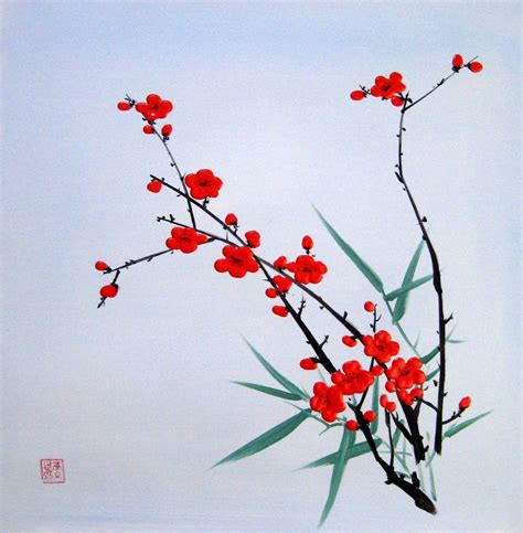 Chinese Floral Acrylic Painting Plum Blossom In Spring Free Shipping
