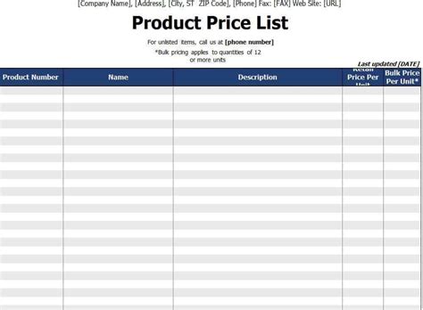 Price List Spreadsheet Template