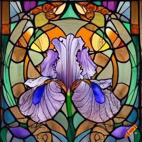 Art Nouveau Stained Glass Of Iris Flowers