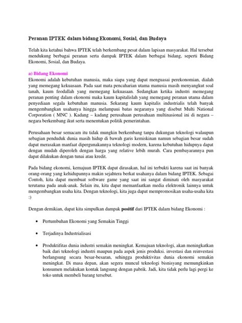 Letak geografisnya yang berada di pedalaman didukung tanah yang subur. Peranan IPTEK Dalam Bidang Ekonomi