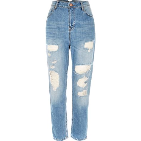 River Island Mid Blue Wash Ripped Mom Jeans In Blue Lyst