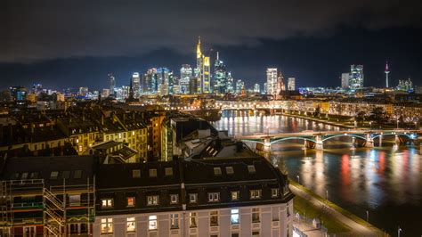 City Bridge With Light Frankfurt Germany During Night Hd Travel