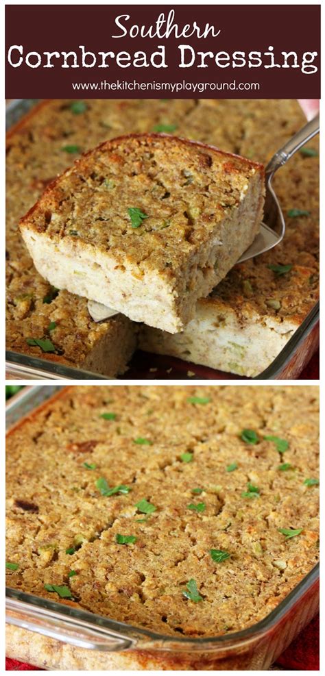 Tumble onto parchment lined or nonstick baking pan and drizzle mix together, adding chicken broth or water to thin, if desired. Traditional Southern Cornbread Dressing | The Kitchen is My Playground