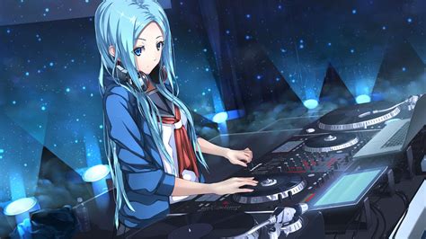 Anime Anime Girls Long Hair Blue Hair Blue Eyes Headphones Dj Wallpaper