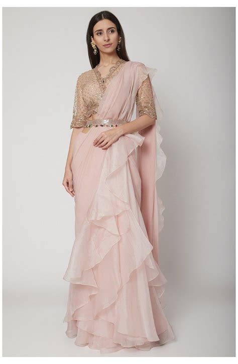 Champagne Gold And Blush Pink Embroidered Draped Saree Set With Belt By