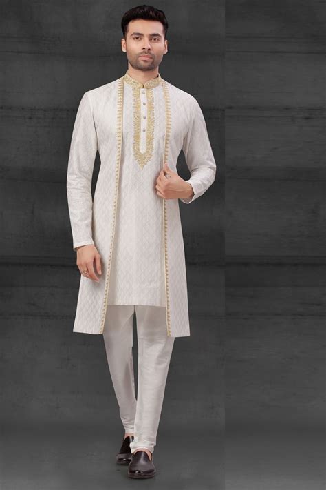 Buy Off White Silk Indo Western Kurta Pajama Nmk 6005 Online