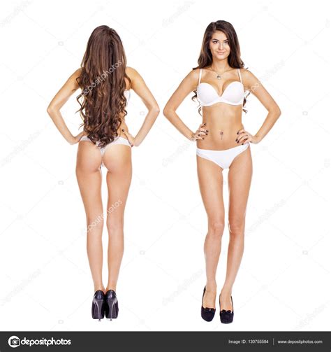 Full Length Beautiful Slim Tanned Women In White Bikini Stock Photo By