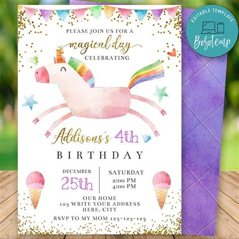 Printable Magical Unicorn Invitation 4th Birthday Invitation Diy