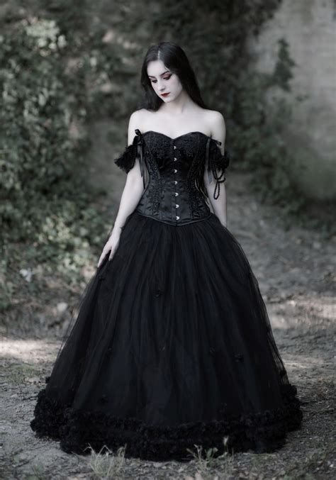 Romantic Black Gothic Flower Off The Shoulder Corset Prom Ball Gown