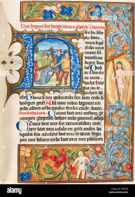 Illuminated Manuscript Page Depicting Jesus Christ Holding A Crucifix