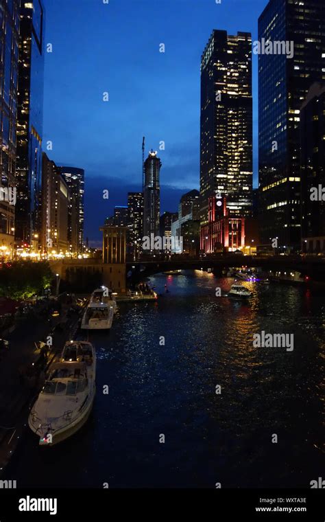 Chicago River At Night Stock Photo Alamy