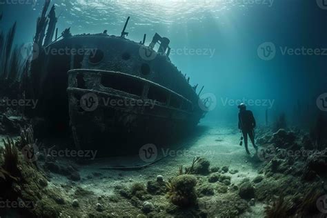 Scuba Divers Exploring A Sunken Shipwreck Underwater Mysteries High