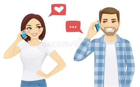 Vector Cartoon Of A Man And Woman Texting Stock Vector Illustration