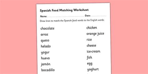 Spanish Food Vocabulary Matching Worksheet Teacher Made
