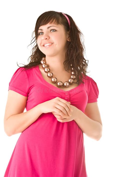 Smiling Brunette Girl In Pink Dress Posing Stock Image Image Of
