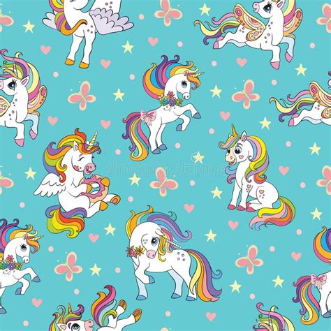 Seamless Pattern Cute Unicorns With Rainbow Mane Vector Stock Vector