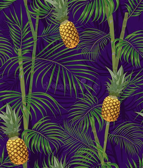 Tropical Seamless Pattern With Pineapples Exotic Palm Leaves On Dark