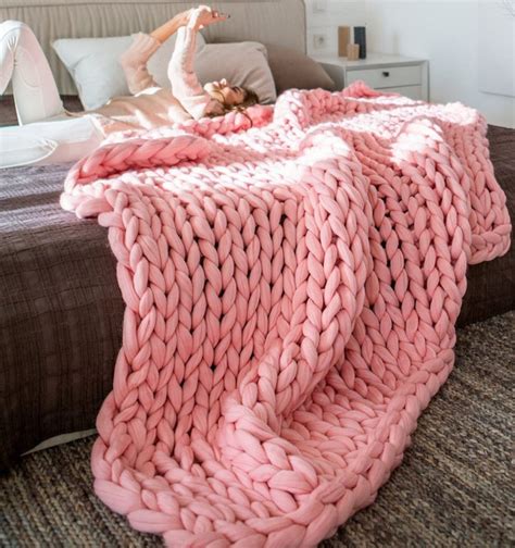 Pink Chunky Knit Blankets Light Pink Blankets Braided Etsy