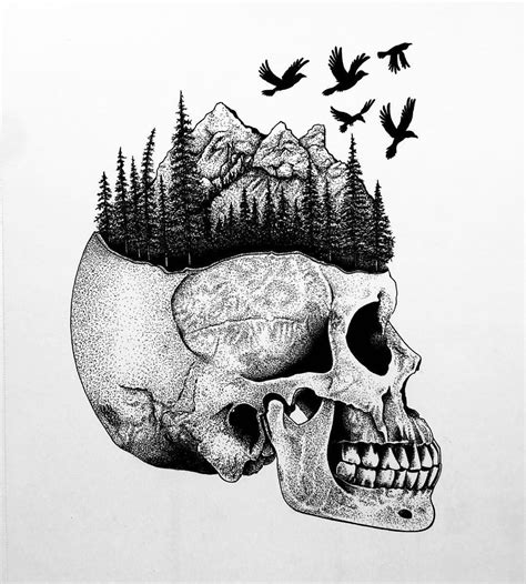 Little Skull With Some Nature Stuff Drawing Tattoo Design Dotwork