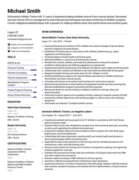 Athletic Trainer Resume Example Writing Tips For