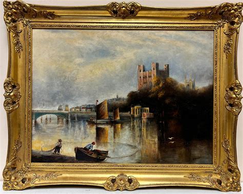 Antique English Rochester Castle From River Medway 1901 Signed Large