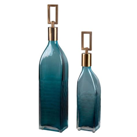Global Direct Teal Green Decorative Glass Bottles With Stoppers Set Of 2 20076 The Home