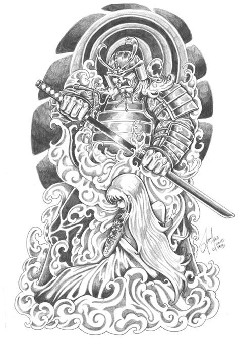 Grey Ink Traditional Samurai Tattoo Design