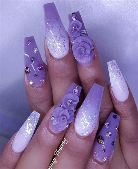 Lavender Glitter Matte 3d Coffin Nails Arte De Uñas De Gel Manicura