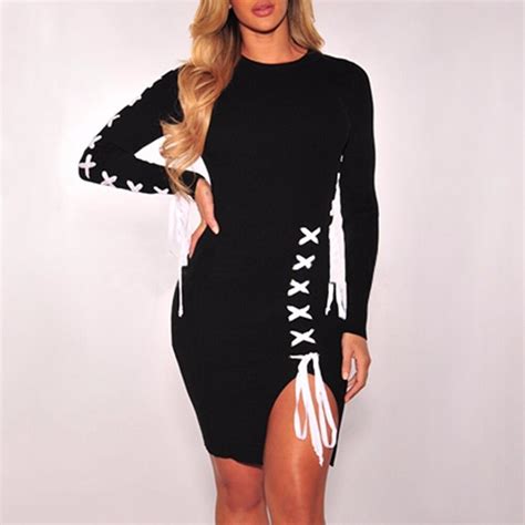Lace Up Sexy Bandage Dress Women Long Sleeve Bodycon Party Dresses 2018