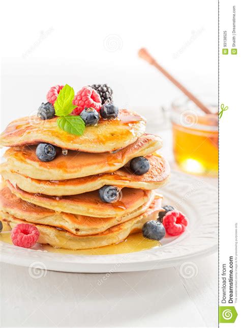 Sweet American Pancakes With Maple Syrup And Berries Stock Image