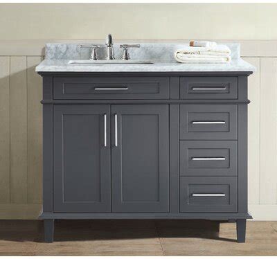 It has a solid and engineered wood base with a white quartz countertop. Find the Perfect 42 Inch Gray Single Vanities | Wayfair