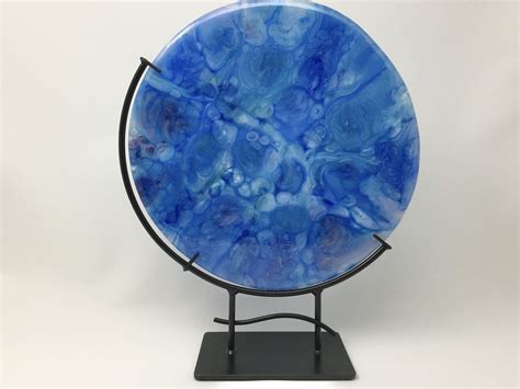 Fused Glass Art Blue Art Glass Sculpture With Steel Stand Etsy