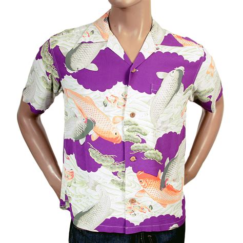 Mens Rayon Koi Carp Sun Surf Hawaiian Shirt In Purple