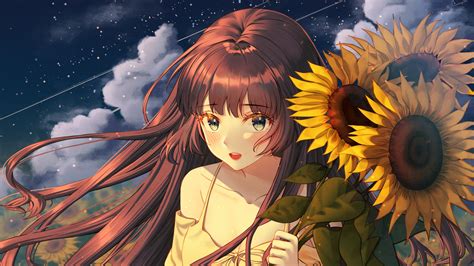 Download Wallpaper 1920x1080 Girl Sunflowers Field Anime Art Full
